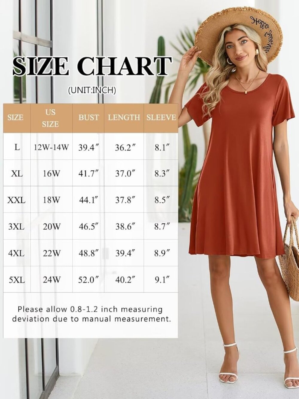 Women's Dark Orange Casual Loose Swing Tunic Short Sleeve Sun Mini Shirt Dress - Picture 6 of 6
